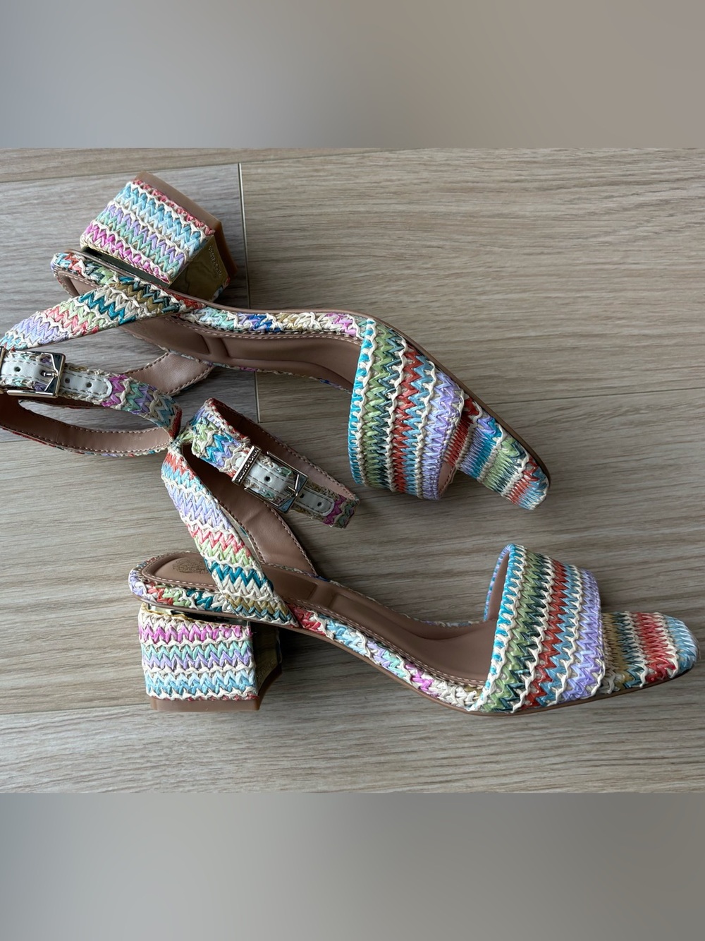 Multicolor Raffia Woven Block Heel Sandals